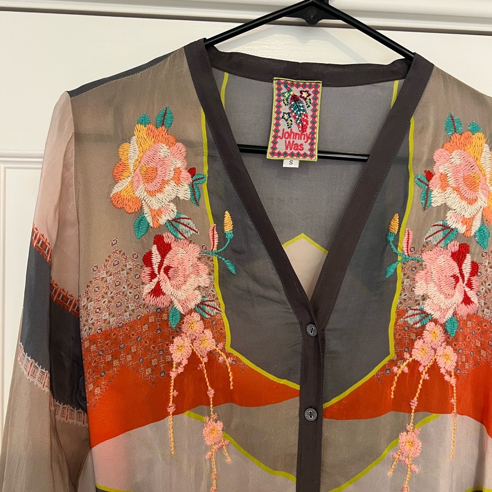 Johnny Was Floral Embroidered Silk Dress